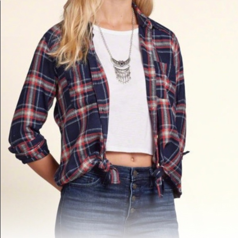 HOLLISTER navy, red and white plaid flannel